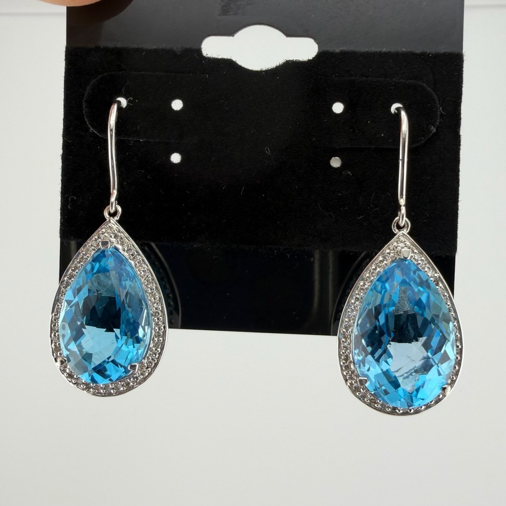 CID Clyde Duneier 925 Sterling Silver Blue Topaz Teardrop Dangle Halo Earrings